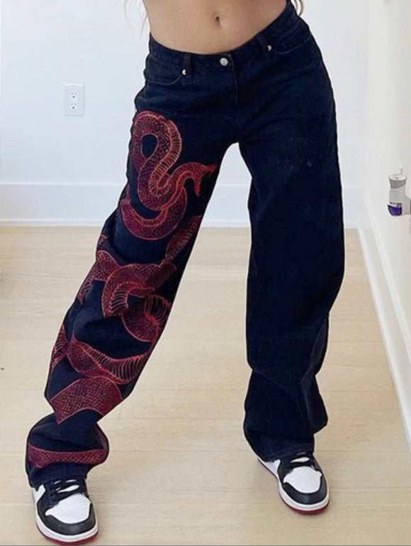 Red Snake Black Denim Jeans